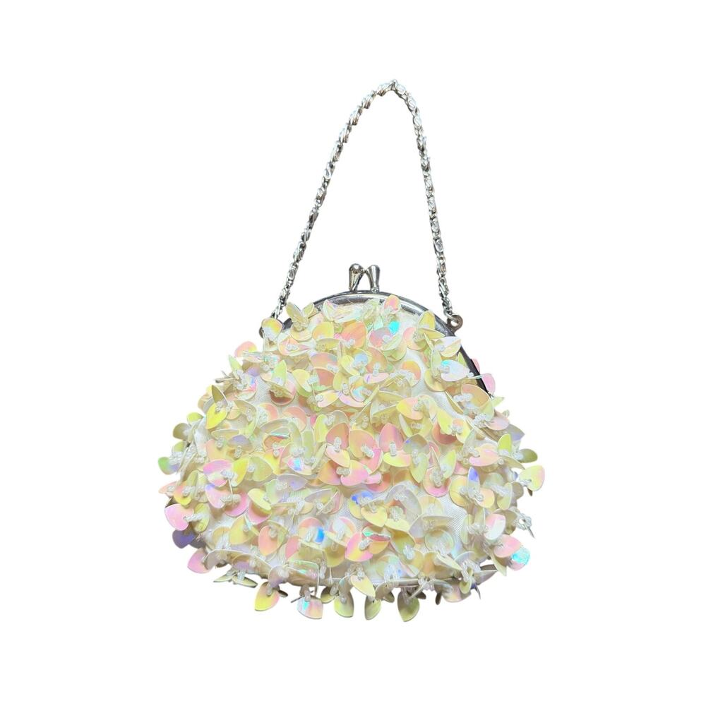 Vintage snap closure white iridescent heart sequin mini purse with chain girly